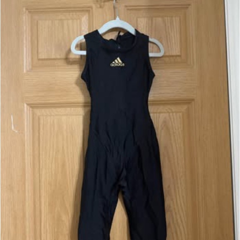 adidas Black Sleeveless Athletic Unitard with Gold Logo
